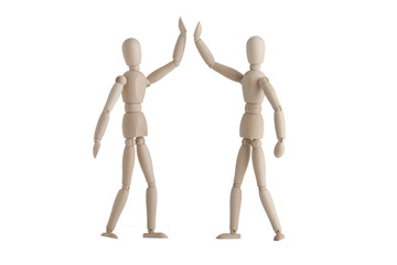 Two wooden mannequin with high-five pose