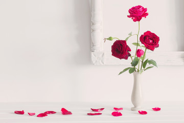 red roses  in a vase on background white wall