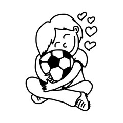 Obraz premium boy hugging soccer ball with love - illustration vector doodle hand drawn, isolated on white background