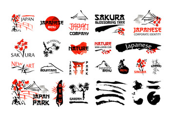 Japanese nature landscape and buildings. Red and black artistic logo set with sakura blossom, bamboo plant, brush strokes