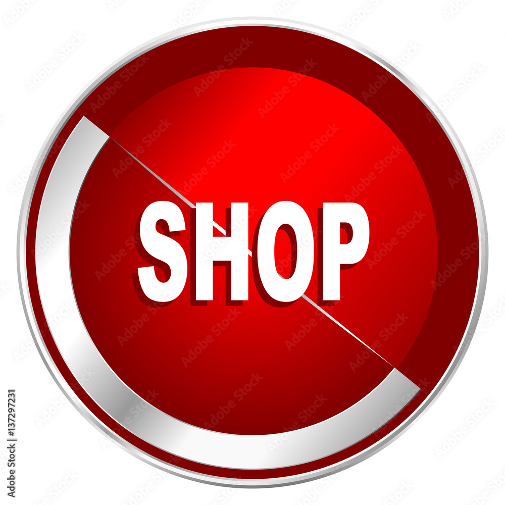 Poster shop red web icon. metal shine silver chrome border round button isolated on white background. circl