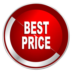 Best price red web icon. Metal shine silver chrome border round button isolated on white background. Circle modern design abstract sign for smartphone applications.