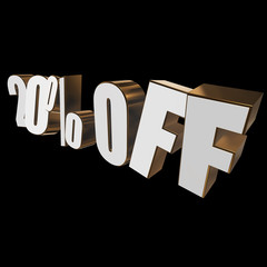 20 percent off letters on black background. 3d render isolated.
