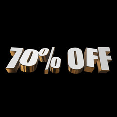 70 percent off letters on black background. 3d render isolated.