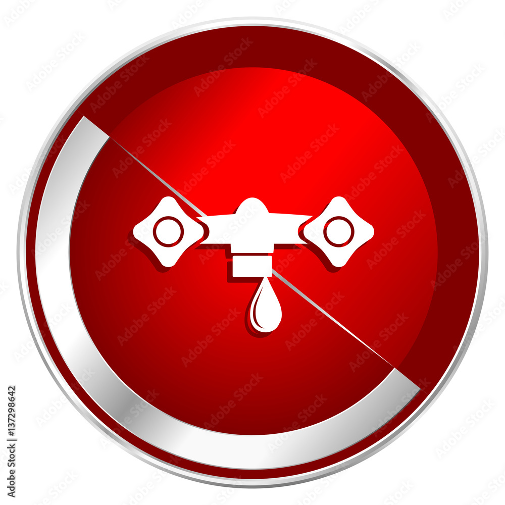 Poster water red web icon. metal shine silver chrome border round button isolated on white background. circ
