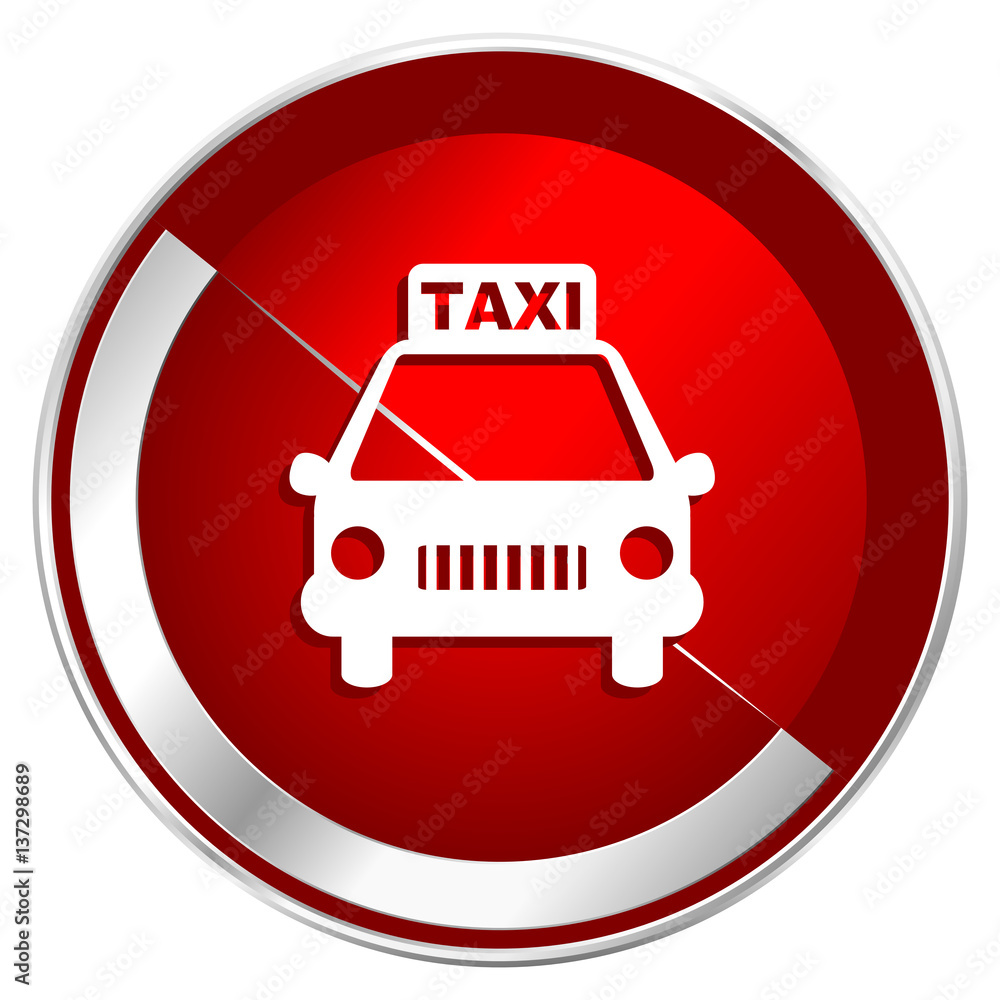 Aufkleber taxi red web icon. metal shine silver chrome border round button isolated on white background. circl