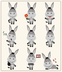 Funny little donkey set in different poses. Collection isolated donkey in cartoon style.