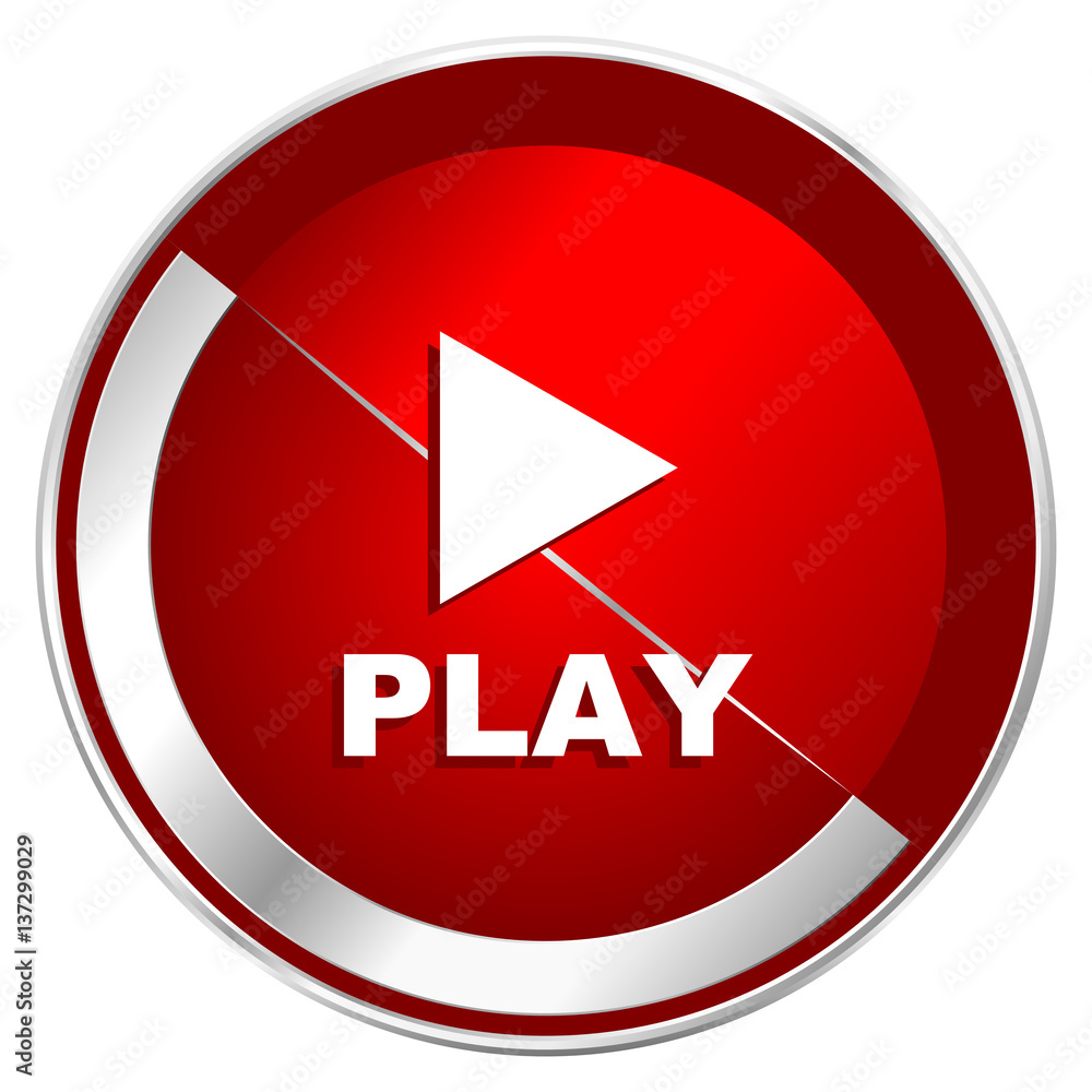 Poster Play red web icon. Metal shine silver chrome border round button isolated on white background. Circle modern design abstract sign for smartphone applications.