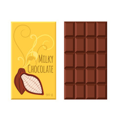 Chocolate bar. Cacao label package. Sweet milky product. Flat style.
