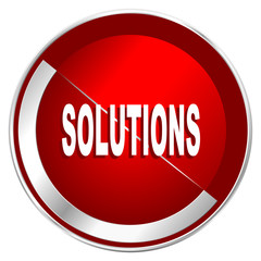 Solutions red web icon. Metal shine silver chrome border round button isolated on white background. Circle modern design abstract sign for smartphone applications.