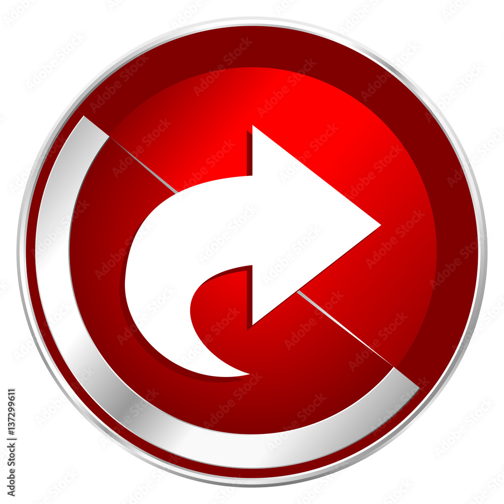 Poster Next red web icon. Metal shine silver chrome border round button isolated on white background. Circle modern design abstract sign for smartphone applications.