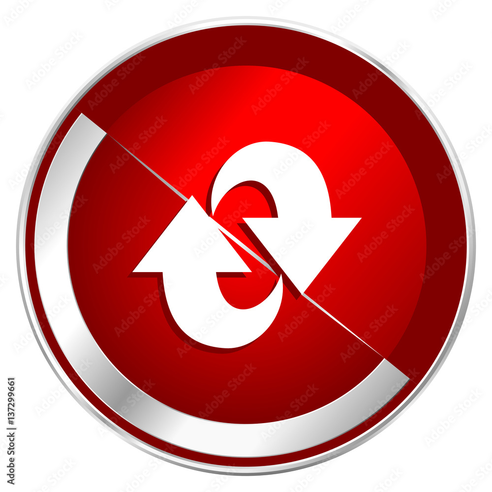 Poster Rotation red web icon. Metal shine silver chrome border round button isolated on white background. Circle modern design abstract sign for smartphone applications.