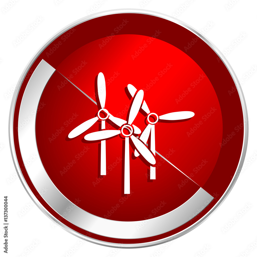 Poster windmill red web icon. metal shine silver chrome border round button isolated on white background. c
