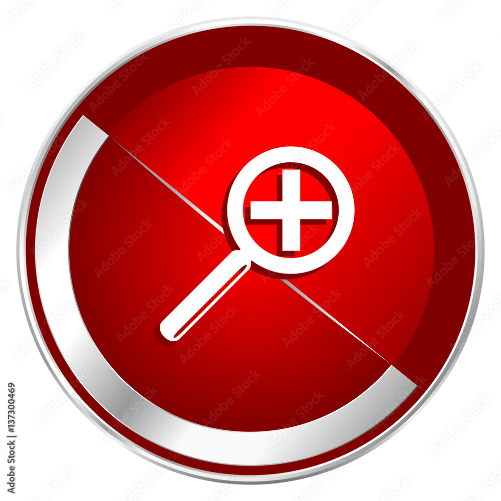 Poster Lens red web icon. Metal shine silver chrome border round button isolated on white background. Circle modern design abstract sign for smartphone applications.