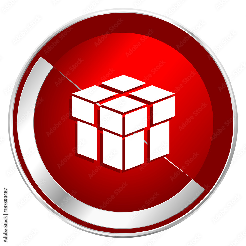 Poster box red web icon. metal shine silver chrome border round button isolated on white background. circle