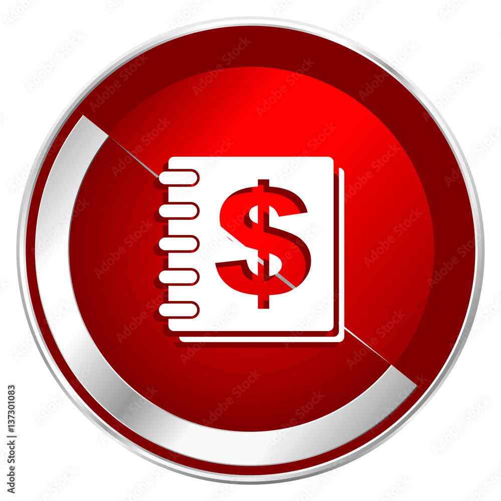 Aufkleber money red web icon. metal shine silver chrome border round button isolated on white background. circ