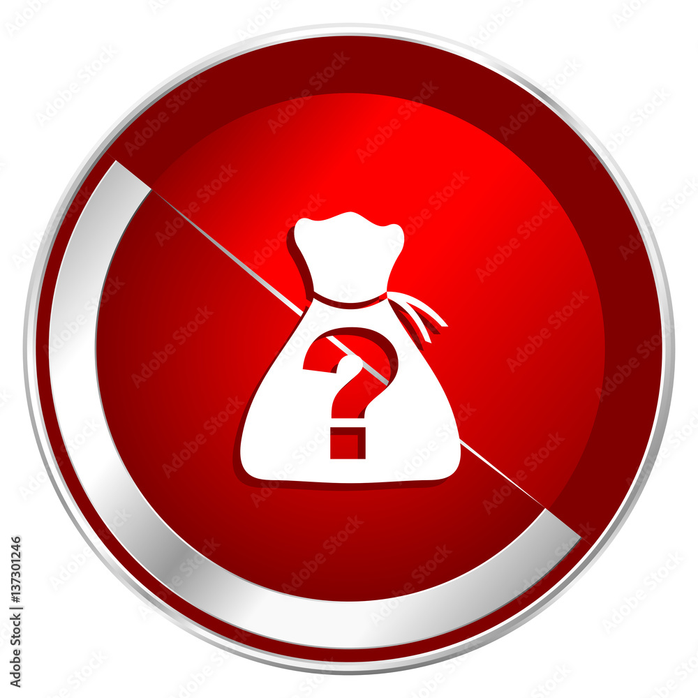 Poster riddle red web icon. metal shine silver chrome border round button isolated on white background. cir