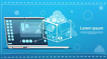 Laptop Computer Brainstorming Briefing Idea Creative Concept Business Banner Flat Vector Illustration