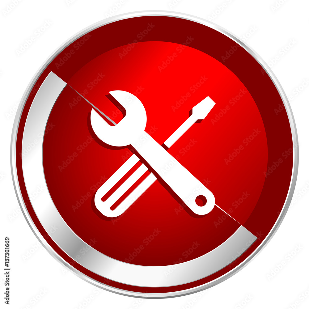 Poster tools red web icon. metal shine silver chrome border round button isolated on white background. circ