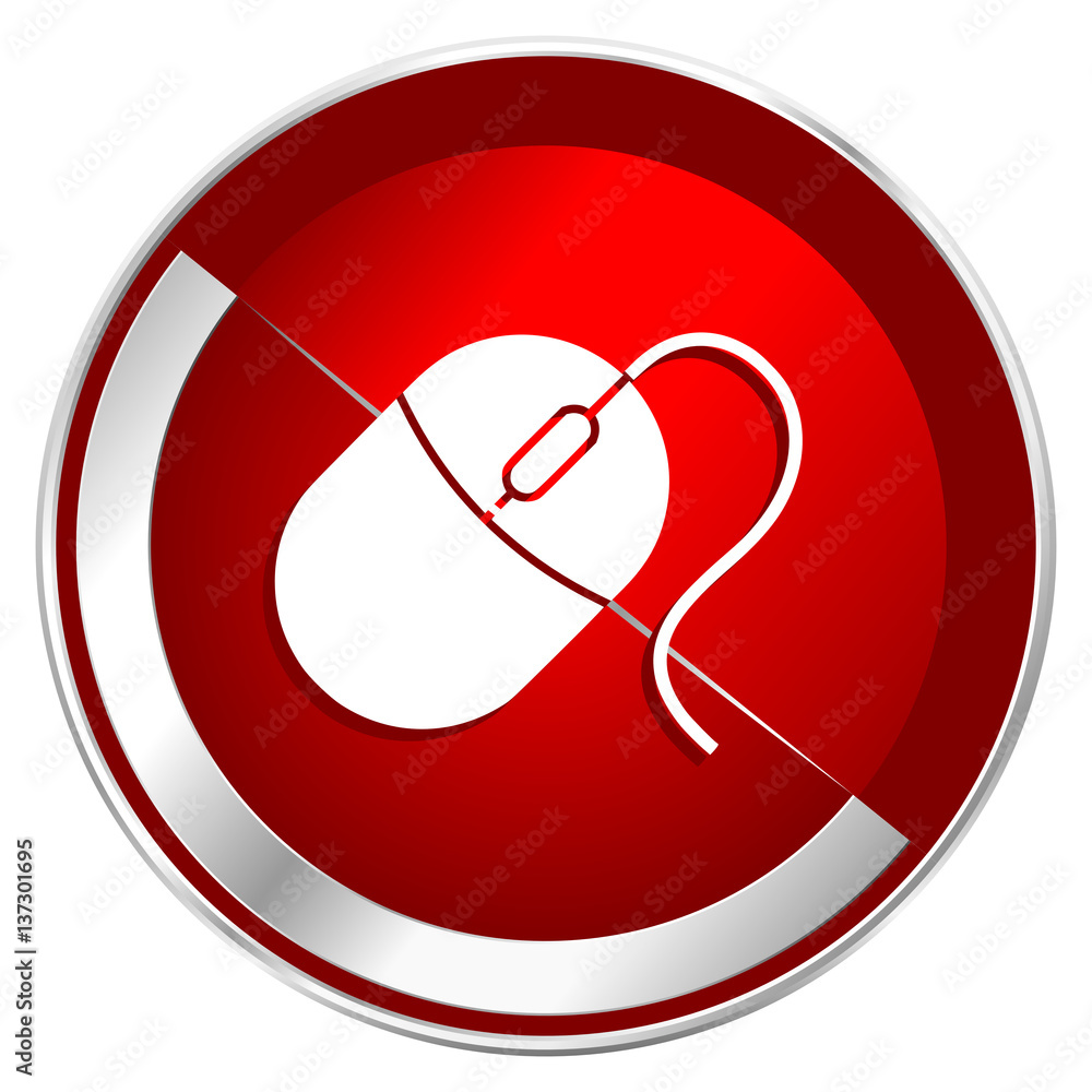 Poster mouse red web icon. metal shine silver chrome border round button isolated on white background. circ