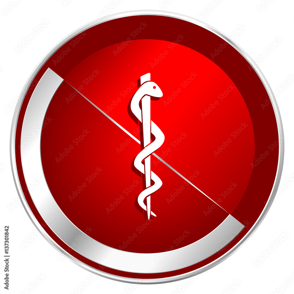 Poster Emergency red web icon. Metal shine silver chrome border round button isolated on white background. Circle modern design abstract sign for smartphone applications.