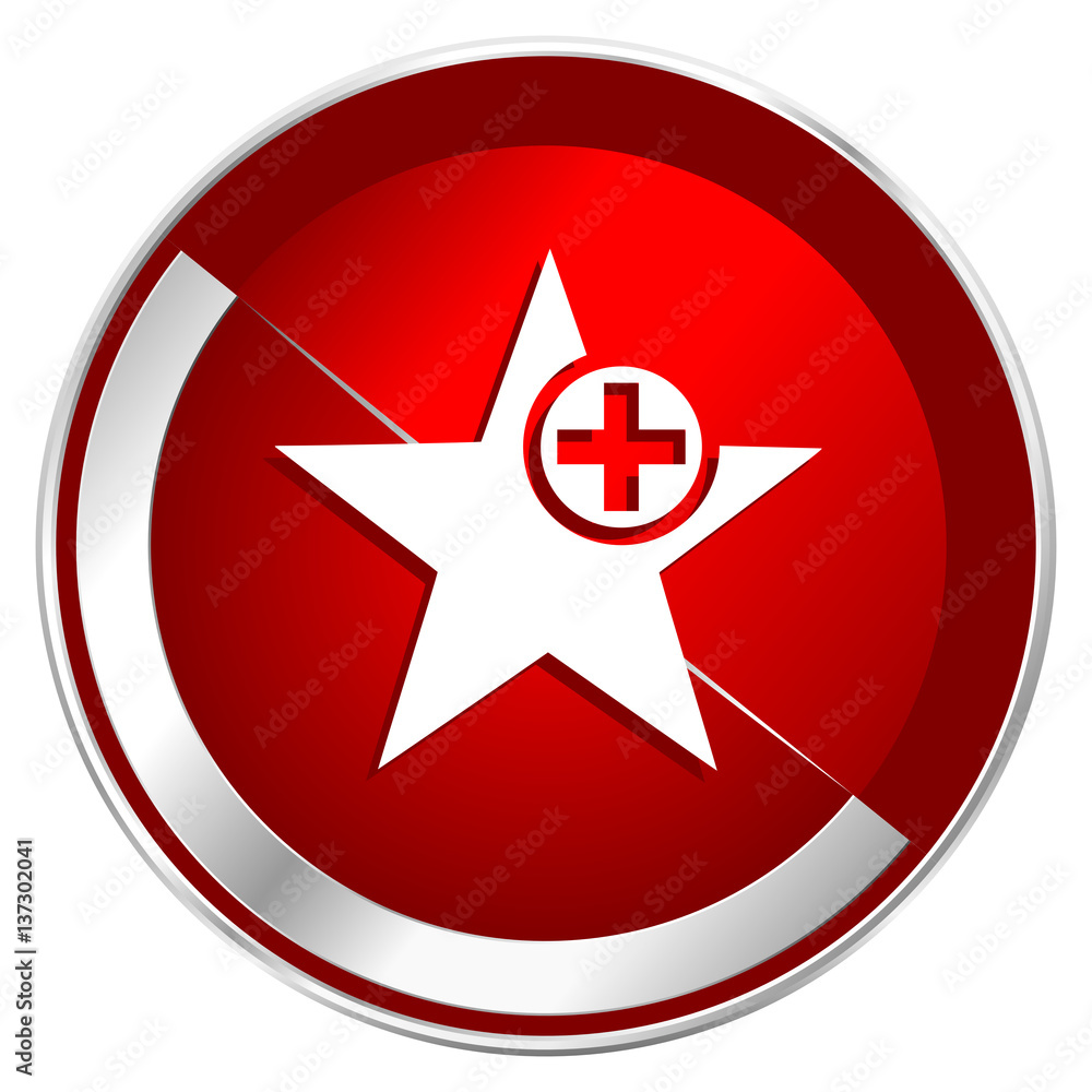Aufkleber Star red web icon. Metal shine silver chrome border round button isolated on white background. Circle modern design abstract sign for smartphone applications.