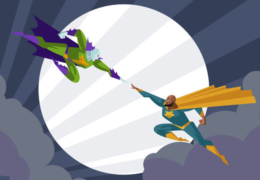 superhero and villain clash in the night