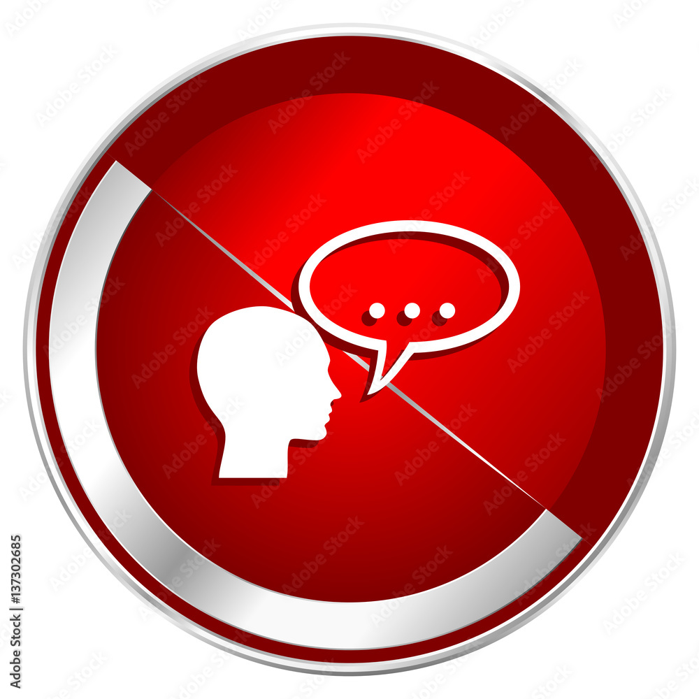 Poster forum red web icon. metal shine silver chrome border round button isolated on white background. circ