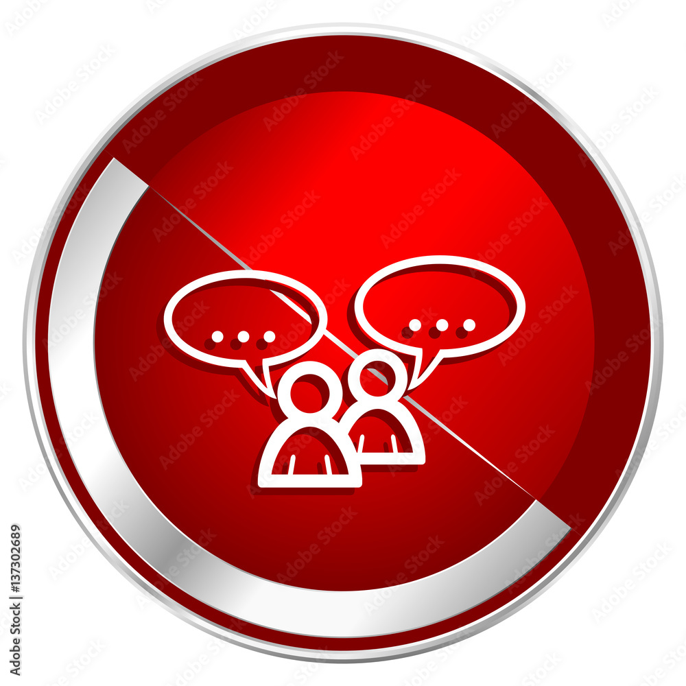 Poster forum red web icon. metal shine silver chrome border round button isolated on white background. circ