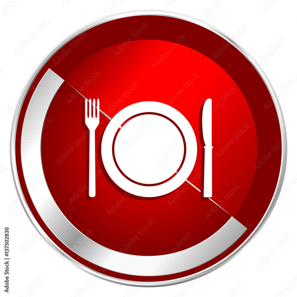 Poster Restaurant red web icon. Metal shine silver chrome border round button isolated on white background. Circle modern design abstract sign for smartphone applications.