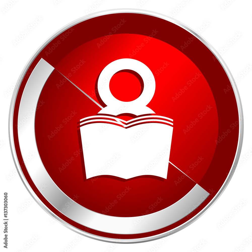 Poster book red web icon. metal shine silver chrome border round button isolated on white background. circl