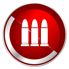 Ammunition red web icon. Metal shine silver chrome border round button isolated on white background. Circle modern design abstract sign for smartphone applications.