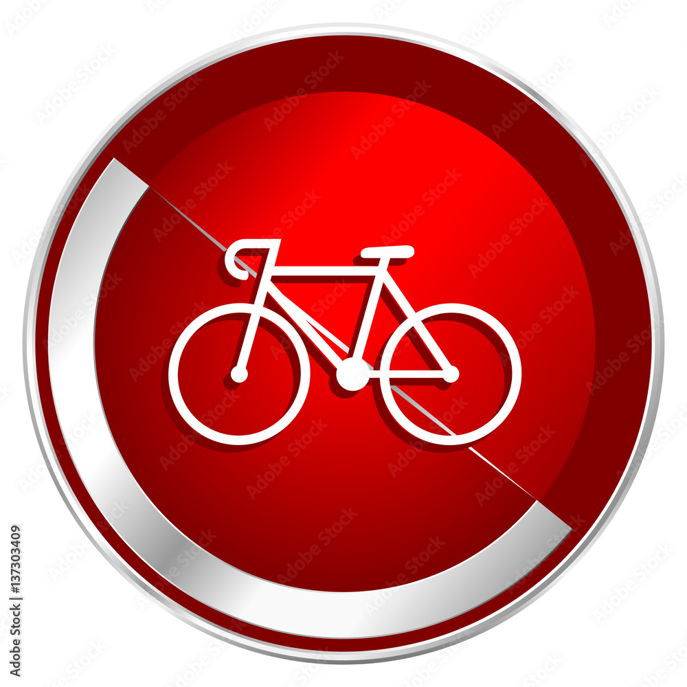 Poster Bicycle red web icon. Metal shine silver chrome border round button isolated on white background. Circle modern design abstract sign for smartphone applications.