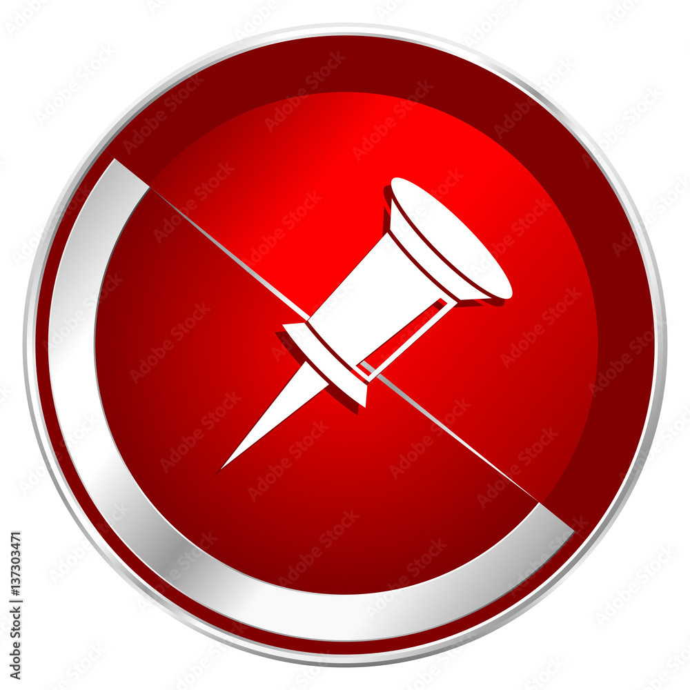 Aufkleber pin red web icon. metal shine silver chrome border round button isolated on white background. circle