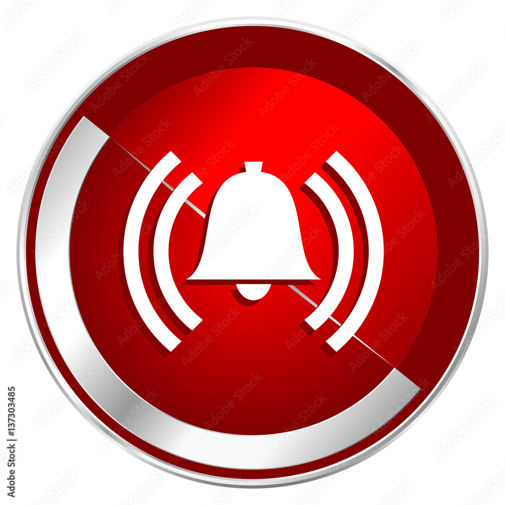 Aufkleber Alarm red web icon. Metal shine silver chrome border round button isolated on white background. Circle modern design abstract sign for smartphone applications.