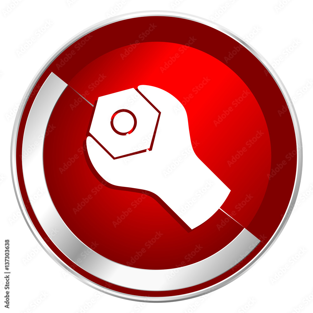Aufkleber tools red web icon. metal shine silver chrome border round button isolated on white background. circ