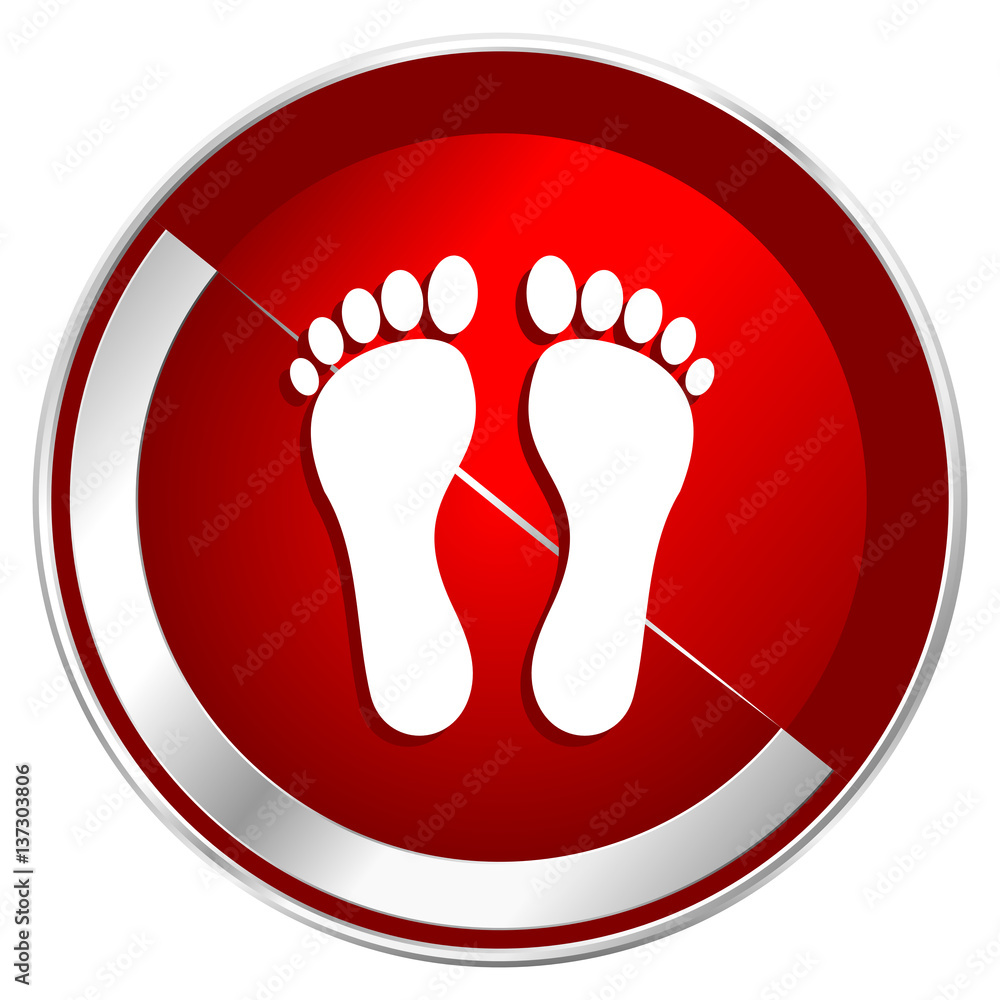 Poster foot red web icon. metal shine silver chrome border round button isolated on white background. circl