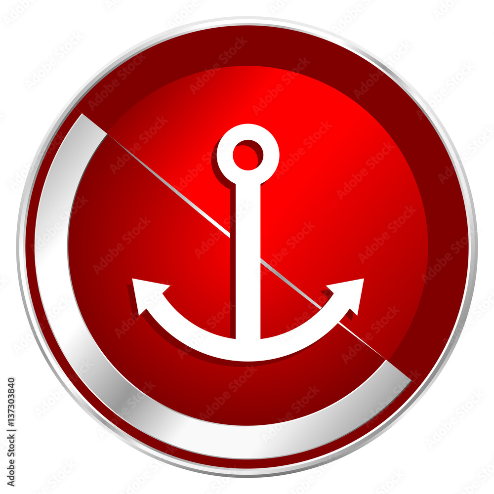 Poster Anchor red web icon. Metal shine silver chrome border round button isolated on white background. Circle modern design abstract sign for smartphone applications.