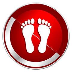 Foot red web icon. Metal shine silver chrome border round button isolated on white background. Circle modern design abstract sign for smartphone applications.
