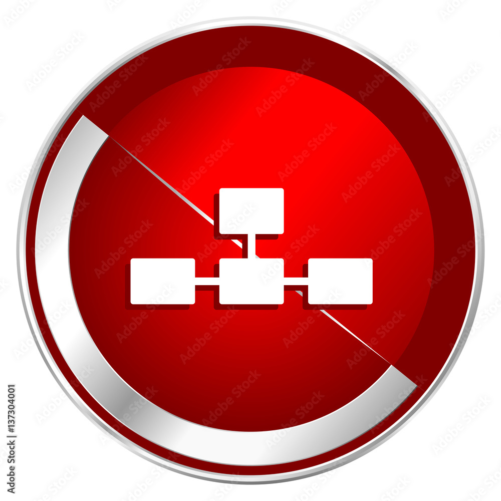 Poster Database red web icon. Metal shine silver chrome border round button isolated on white background. Circle modern design abstract sign for smartphone applications.