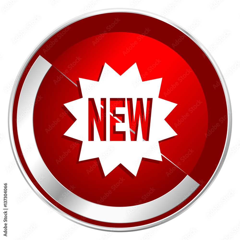 Poster new red web icon. metal shine silver chrome border round button isolated on white background. circle