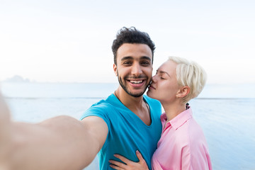 Couple On Beach Summer Vacation, Beautiful Young Happy People Taking Selfie Photo, Man Woman Embrace Sea Ocean Holiday Travel