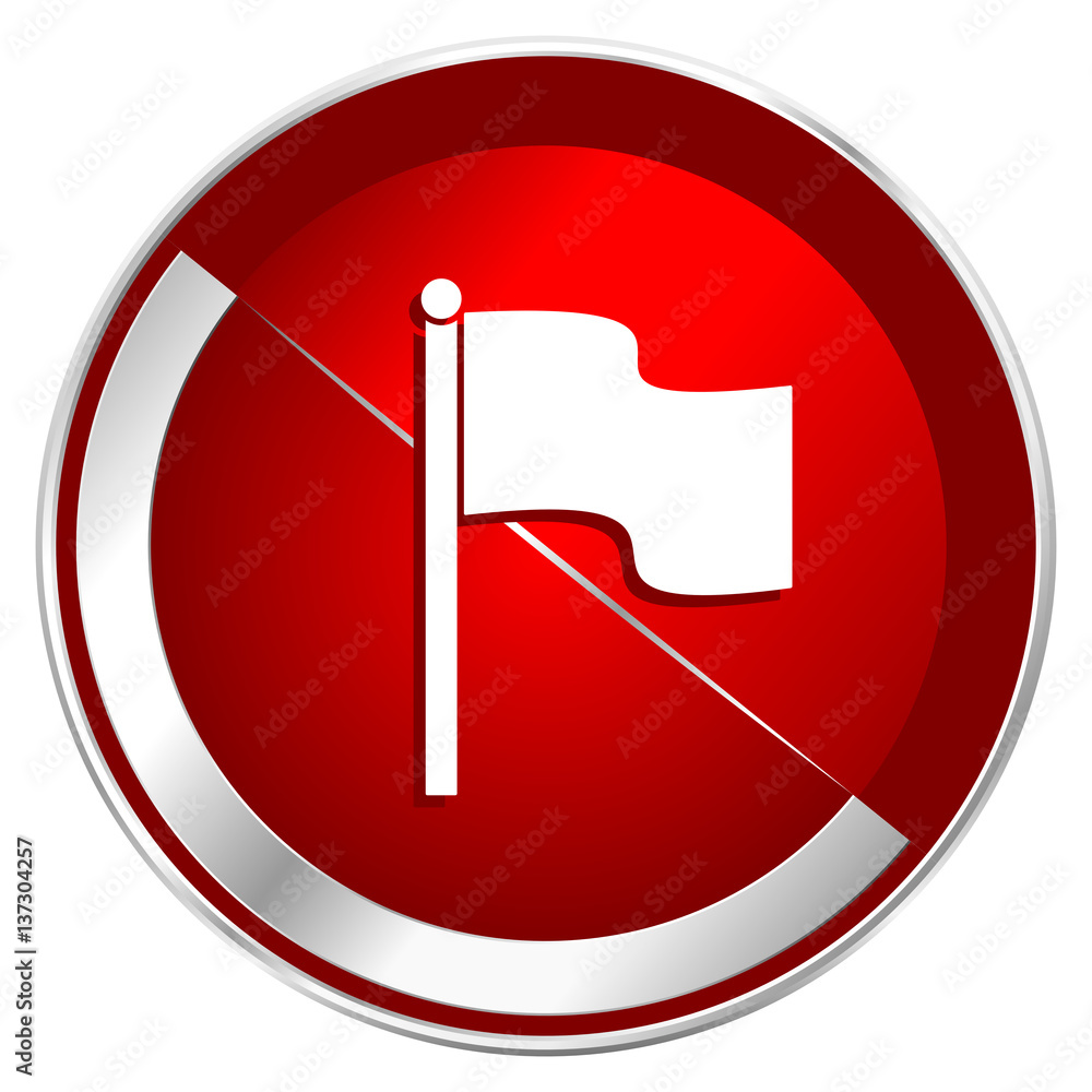 Fototapete flag red web icon. metal shine silver chrome border round button isolated on white background. circl