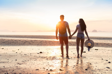 Couple On Beach At Sunset Summer Vacation, Beautiful Young People In Love Walking, Man Woman Holding Hands Sea Ocean Holiday Travel
