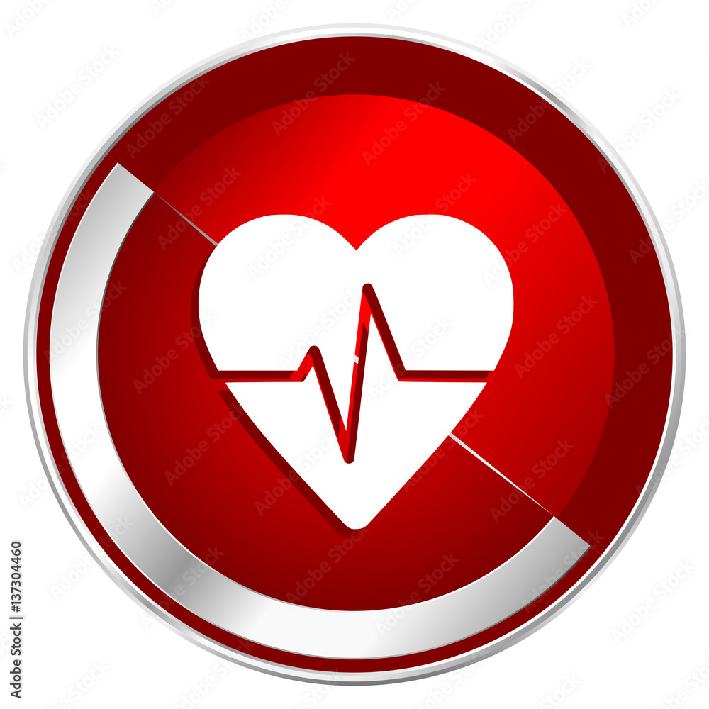 Aufkleber Pulse red web icon. Metal shine silver chrome border round button isolated on white background. Circle modern design abstract sign for smartphone applications.