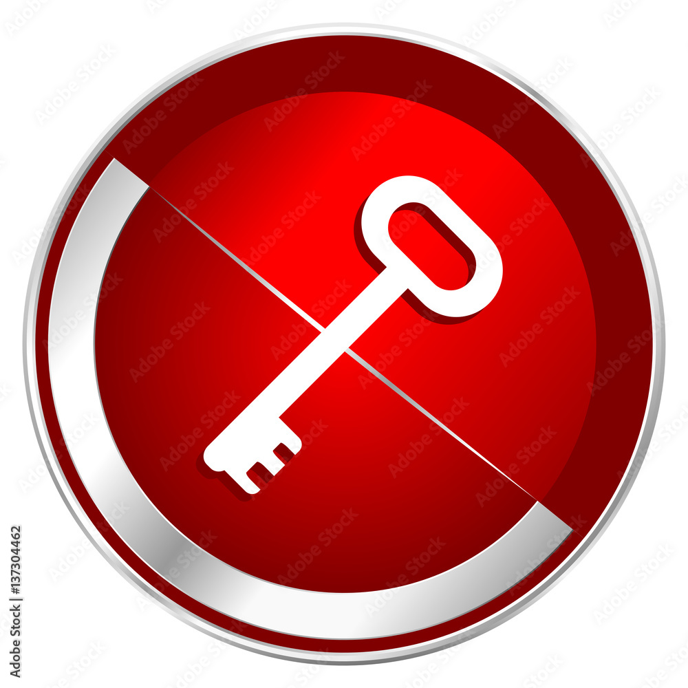 Aufkleber key red web icon. metal shine silver chrome border round button isolated on white background. circle