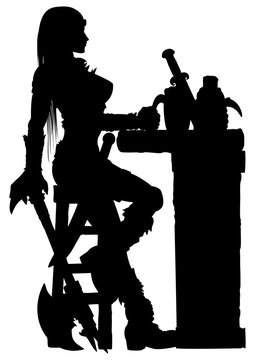 recommend clip art: Warrior woman sitting at the bar silhouette. Fantasy illustration warrior woman with an axe sitting in a tavern. She holds a pint of beer
                    