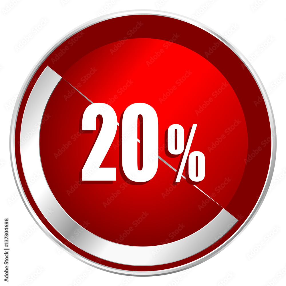 Poster 20 percent red web icon. metal shine silver chrome border round button isolated on white background.