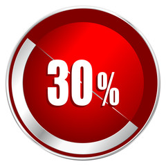 30 percent red web icon. Metal shine silver chrome border round button isolated on white background. Circle modern design abstract sign for smartphone applications.
