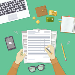 Man filling documents. Men's hands hold the accounts, payroll, tax form. Workplace with papers, blanks, laptop, phone with message, wallet, credit cards, coins, notebook, glasses, pen. Top view Vector